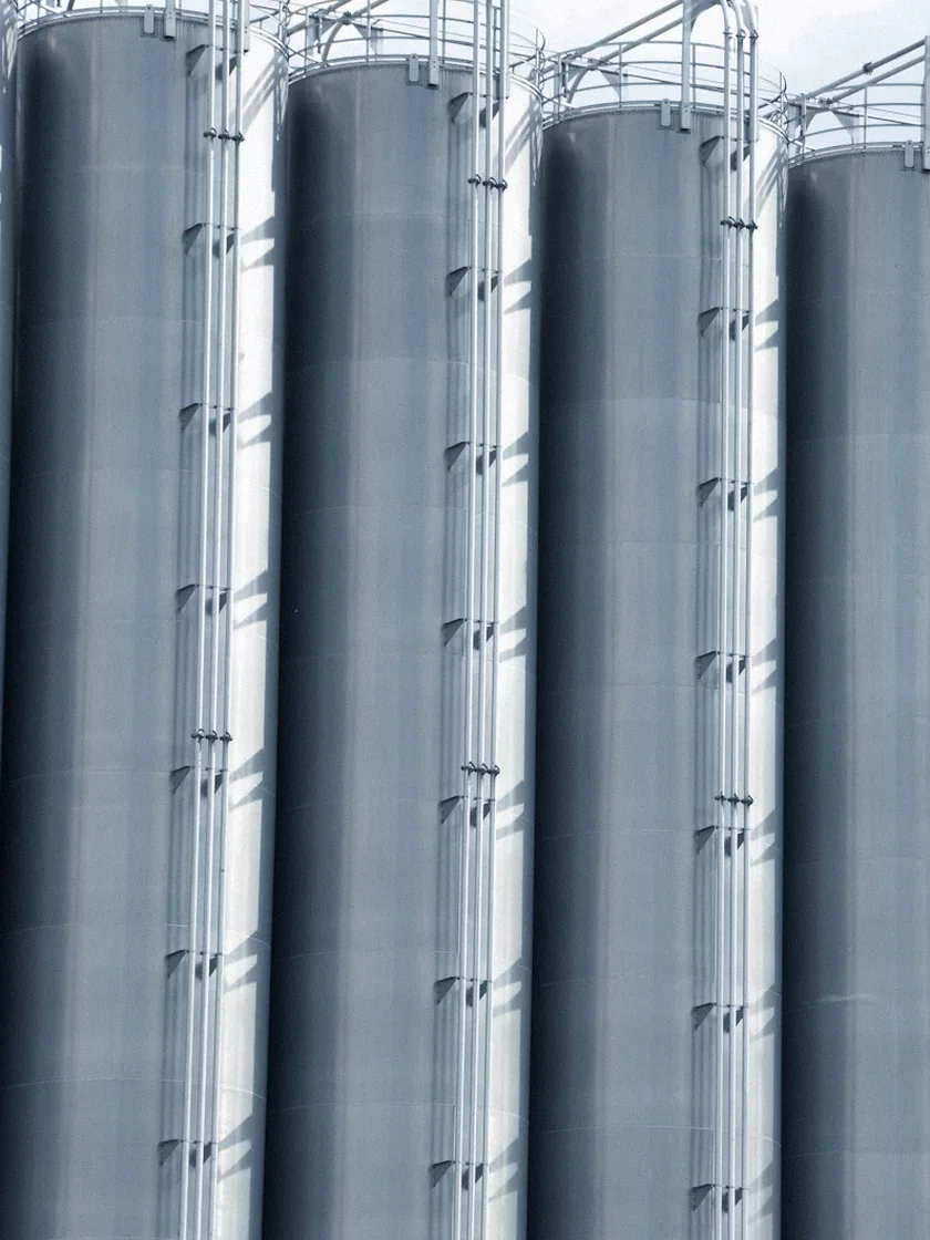 A row of tall stainless steel silos