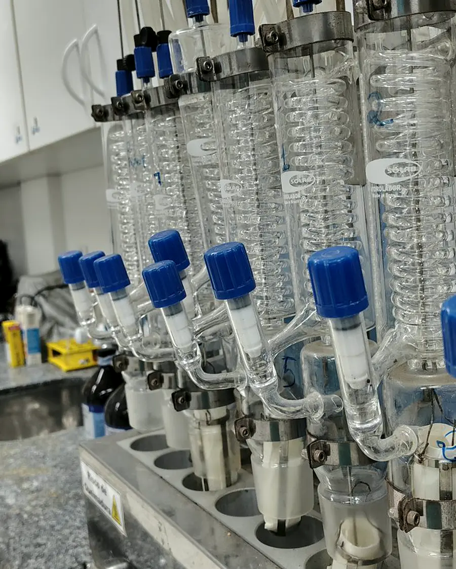 Rows of glass condensers in a process development lab